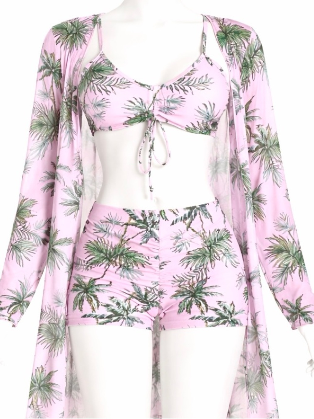 Women’s Size M Three Piece Swimsuit Pink Open Front Coverup Tropical Boy Shorts